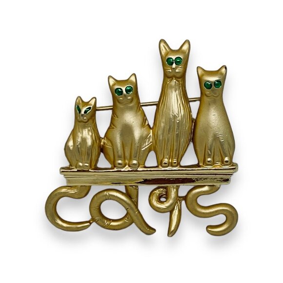 AJC 4 Golden Cats w. Green Eyes Matte Finish Brooch Pin - Picture 4 of 6